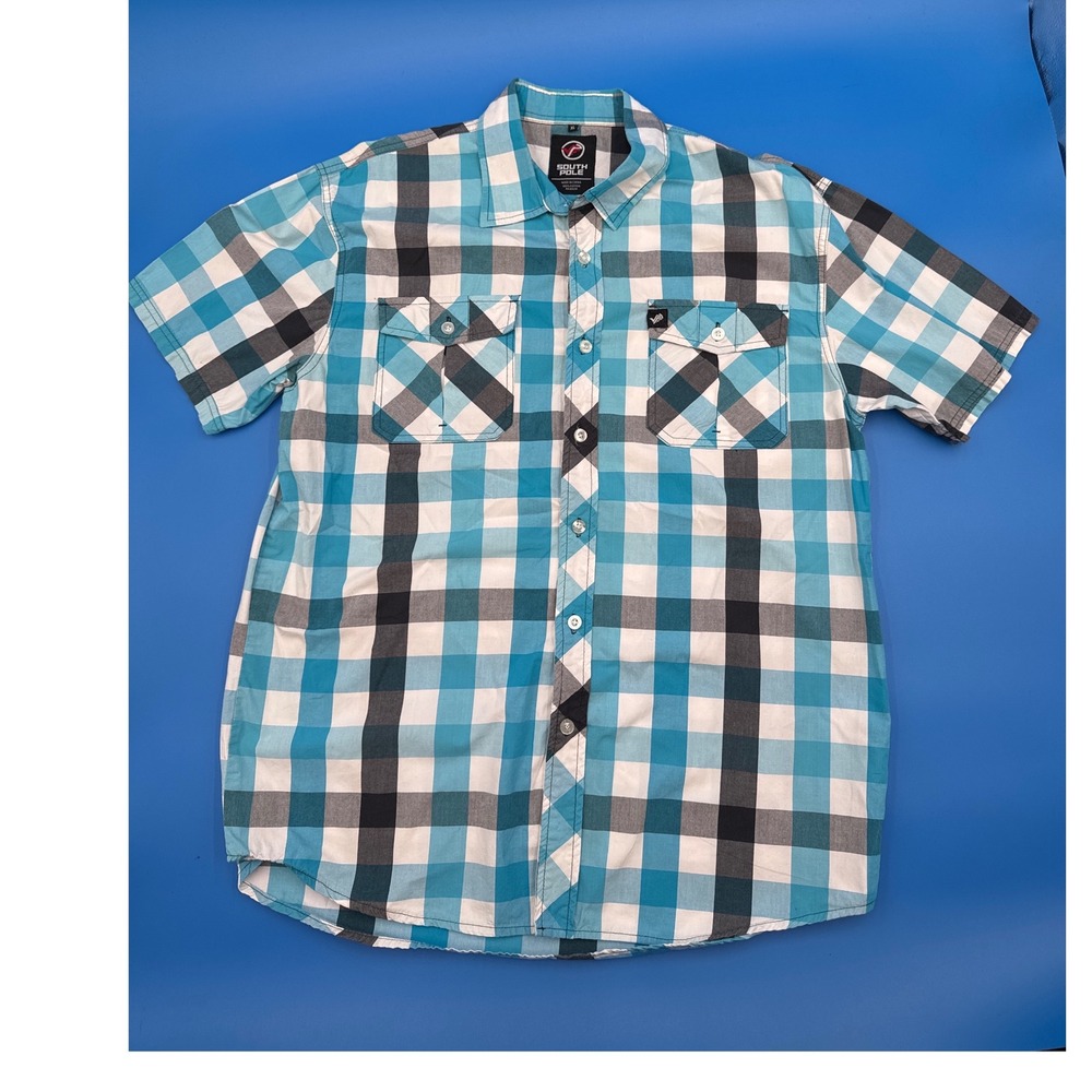 South Pole XL Mens Blue Plaid Short Sleeve Button Down Casual Shirt